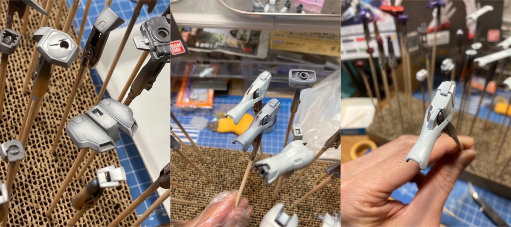 ウェザリングにシリコンバリアを使ったチッピングを取り入れました。シルバーグレー→シリコンバリア→ホワイトの順番で塗装して、爪楊枝でホワイトを擦ると下地が出てきます。