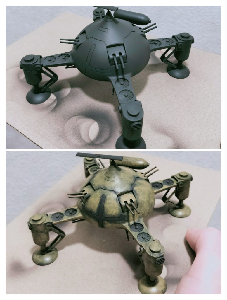 黒サフの上からアクリル絵具での基本塗装を進めているところです。薄めた絵具をチマチマ塗り重ねて少しずつ発色させていきます。