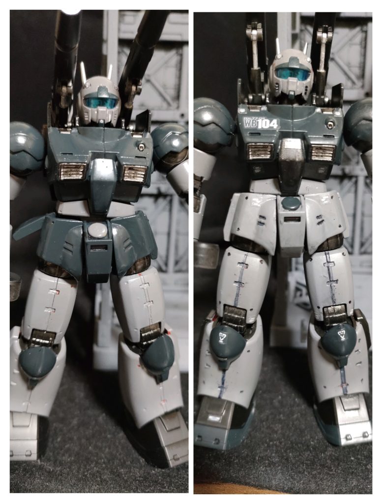 最初、左のように塗装していました。なんとなく腰も塗りたいって衝動ありませんか？しかし、なんとなくTシャツと半ズボンっぽく見えてしまうんですよね。結局塗りなおしまして右になりました。こっちのほうがスマートな感じしますね。