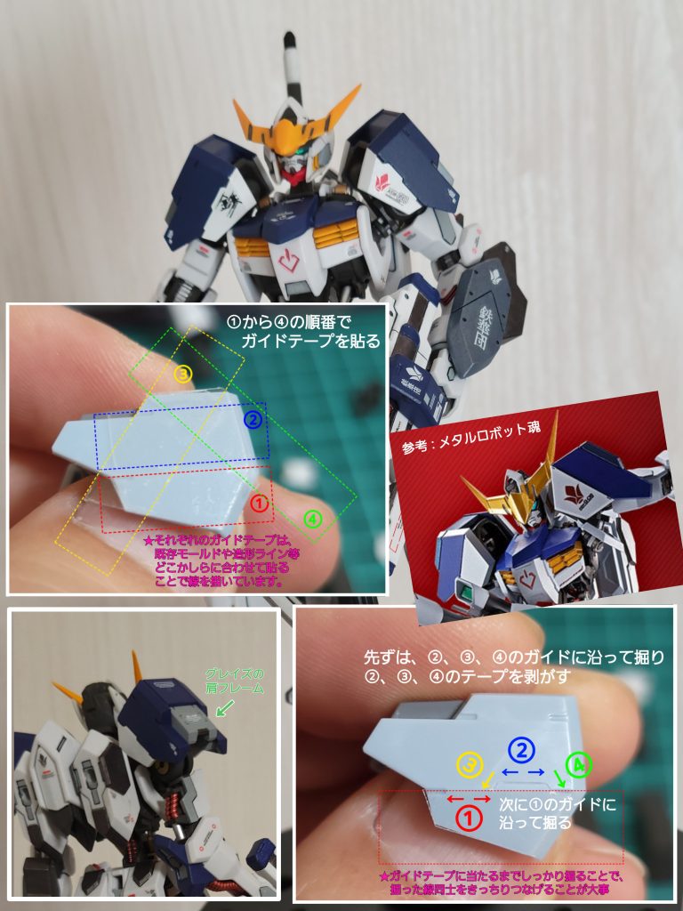 今回のキモ③肩アーマー青と白の境界がストレートなのが好きではなかったので、クランクラインにしてみましたまた、グレイズの肩フレームの接続軸を切り飛ばし、あえて残してあります偉そうに手順を書いてますが、いずれ第3形態作るので、未来の自分のためだったりしますw以上、推しガン、バルバトスの第2形態でしたご覧いただきありがとうございましたm(__)m
