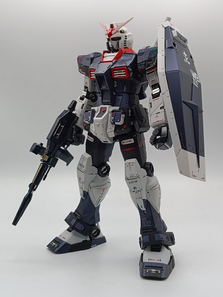 斜め前。　　　　　　　　　　　　　　　　　　　　　　　　　自身の腕がないため、シールドなどのチームマークなどは断念しました。