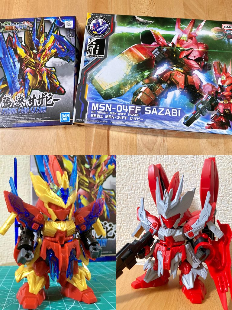 素体の張遼サザビーは金・赤・クリアブルーの複雑な配色構成ですが、福岡版デザインに配色を寄せた前作・関羽νガンダムと同様に、こちらも原典準拠で思い切ってメタリックレッドほぼ一色のカラーリングに仕上げました。