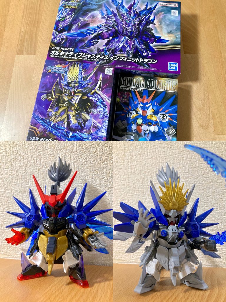 信長エピオンのダークマスクver.を素体に、Gジェネ版SDアクエリアスのキットから特徴的な各パーツを組み合わせ、全体的にムシャワールド武将っぽい雰囲気に整えて造形しました。基本的に信長ベースのヒーローズ体型ですが、信長とは別人物というキャラクター設定のため、顔面や各パーツ要所要所の違いを強調する形で造形しカラーリングもアクエリアスの配色に寄せて大きく変更するなど、別人だけど親子なので結構似てる、くらいの按配を意識して仕上げました。背部にはマントに変わってゴテゴテ感のあるオルタナティブジャスティス∞ドラゴンの羽根&尻尾パーツを加えて全体的なバランスを調整しました。