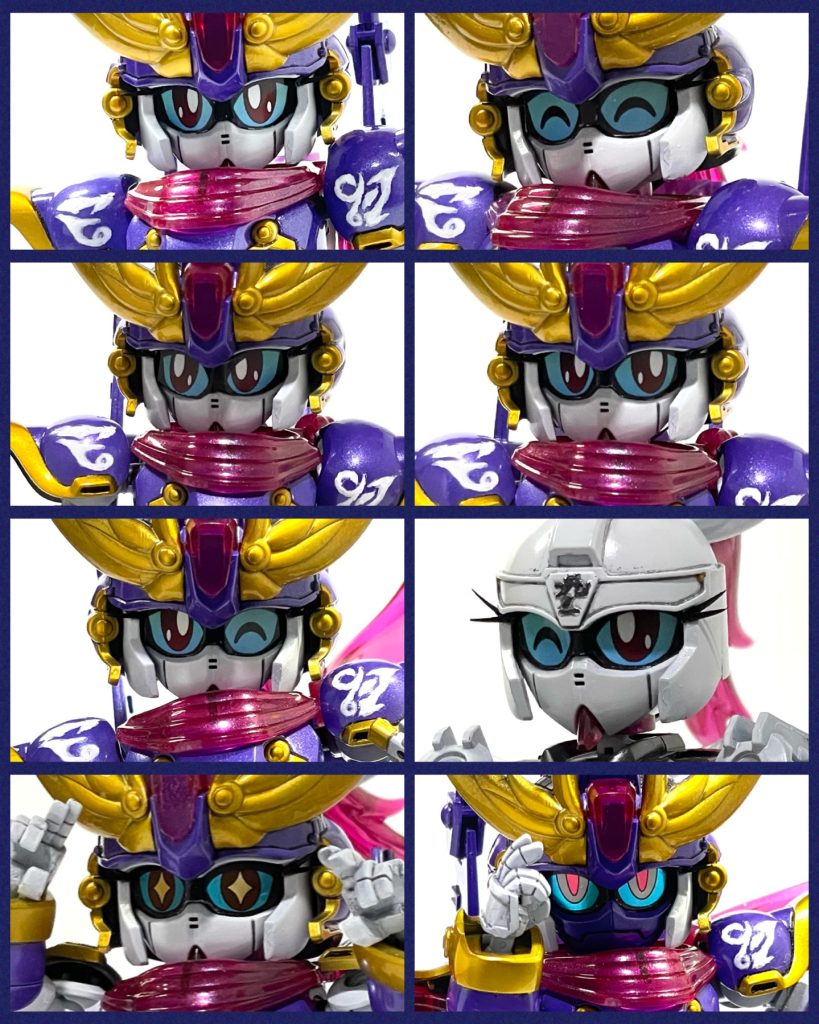 今回も瞳の差し替えに対応しました。パッケージアートが左への流し目なので避けられませんね〜。薄いスチールシートにシールを貼って、ネオジム磁石で取り替え可能にしてます。「赤い目」と「きらーん!」は付属のホイルシールで、その他はインクジェットプリンタでシールを印刷したものを使用してます。プラ板を挟んで、軽装の兜を0.5mm浅くかぶせ少し目が大きくなる様にしてます。また、自作シールは目の下の黒線部分も細くしてます。兜の頬当て部分を軽く内側に曲げて顔にフィットするようにしてます。アミトタリさんと多聞さんのXの投稿を参考にさせていただきました。まつげは適当に切り出したプラペーパーを油性ペンで黒く塗ったものを貼り付けてます。