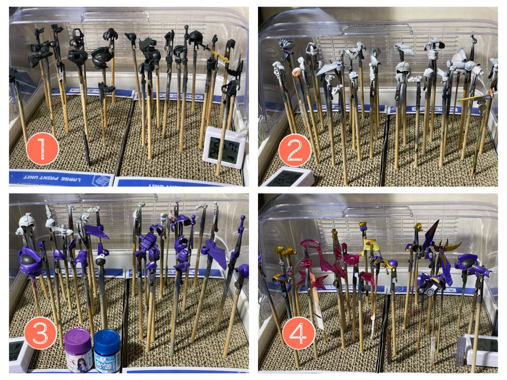 主に水性ホビーカラーで塗装してます。白: ファントムグレー→水性白サフ→ホワイト紫: ファントムグレー→白サフ→リンプラカラー小橋川梢ステラパープル+色の素シアン金: ファントムグレー→シャインシルバー→クリアイエロー+クリアオレンジ黒: ファントムグレー→半光沢クリア+雲母堂本舗PCパールブラッククリアパーツ: 光沢クリア+セリアのミラーパウダー(赤/紫)バックパック塗り分け(筆塗り): グレーバイオレット、シタデルリトリビューターアーマーダクト黒(筆塗り): タミヤエナメル フラットブラック肩マーキング: タミヤエナメル フラットホワイトスミ入れ: Mr. ウェザリングカラー マルチブラック、マルチグレー、ガンダムマーカースミ入れペン(油性)トップコート(黒部分以外): 光沢クリア