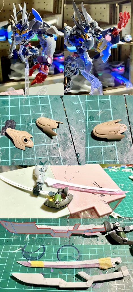 武装ガントレットはイージスナイトの脚に色々付け足してそれっぽく、盾部分は30msOPパーツのメカニカルユニットゼルトザームの手は一度指をバラして中に針金を入れて可動化させました、手抜き?そうだよファンネルも同じく30msOPパーツのヘビーアーマーのパーツを組み合わせてます太刀と鞘はプラ板からほぼスクラッチ刀身は透明プラ板3枚の積層で、間に百均の赤いラメを挟んで接着する事でGN粒子感を狙ってますがいかがでしょうか