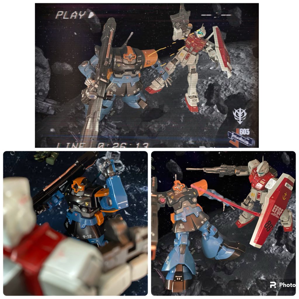 浮遊する障害物の影から、敵艦へ向けてリックドムが戦闘機動に入る。セオリー通りの一撃離脱戦法である。しかし、熟練したパイロットが駆るであろうジムはそれを見逃さなかった「このドム黄色い左肩に、教科書通りの機動。テスト機にどんな歴戦のパイロットが乗ってるかと思いきや、ハハハッ、何だこいつ、ひよっこか⁈」牽制のバルカンがリックドムの装甲を掠める。「舐められている⁈一対一だというのに。」「CIC、敵部隊テスト機パイロットはルーキーの模様。データ収集にはちょうどいい機会だ、このまま実戦でのテストを続行する」痛ぶる様なジムの戦いぶりに、カンナは唇を噛み締めた。