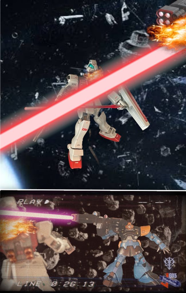 「クッ！、ルーキーだからって、“あまり物”だからって、、勝手にそっちの基準で上から目線でかかってーーー！」遊ぶような余裕のジムの機動にリックドムは何とか必死に喰らい付いてゆく。「この子も、私も、自分だけの基準で輝ける、目一杯輝いてみせる！！」そのわずかな一瞬、隙を見せたジムの頭部とコロンブス級のエンジンを宇宙を駆ける一直線の閃光が貫いた。敵艦からの入電が読み上げられる。「モハヤ我ニ航行スル能力ナシ、貴艦ニ投降ス」奇跡に近い勝利であった。メルクーア軍曹、ブリッジ共に安堵の空気につつまれた束の間、試作ビームバズーカは突如爆発しリックドムはその炎の渦に巻き込まれた。。。