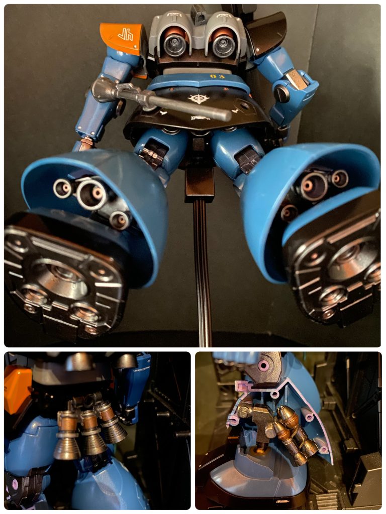 重モビルスーツ恒例のバーニア萌えですね笑。見えない部分まで塗り分け頑張りました👍塗料の話になるんですが、今までほぼクレオスの水性ホビーカラー一本で使って来たんですが、いつも買っているお店で欲しいカラーの欠品があったり、値段が10円安いことなどから今回タミヤのアクリルカラーを試してみました。ふむふむ、同じ容量だけど、原液の粘度、粒子の細かさ、沈殿具合、色あいなど、違うと感じる部分は色々あるんだなと🤔筆塗りでも、エアブラシでも問題無く使えるので、しばらく使ってみることにします！ガンメタはギラつきがすごく、かなりカッコいい色です。コッパーもかなり違っていて、水性ホビーカラーは明るめな出来立ての銅なのに対し、タミヤカラーは少し燻しの効いた銅でした。