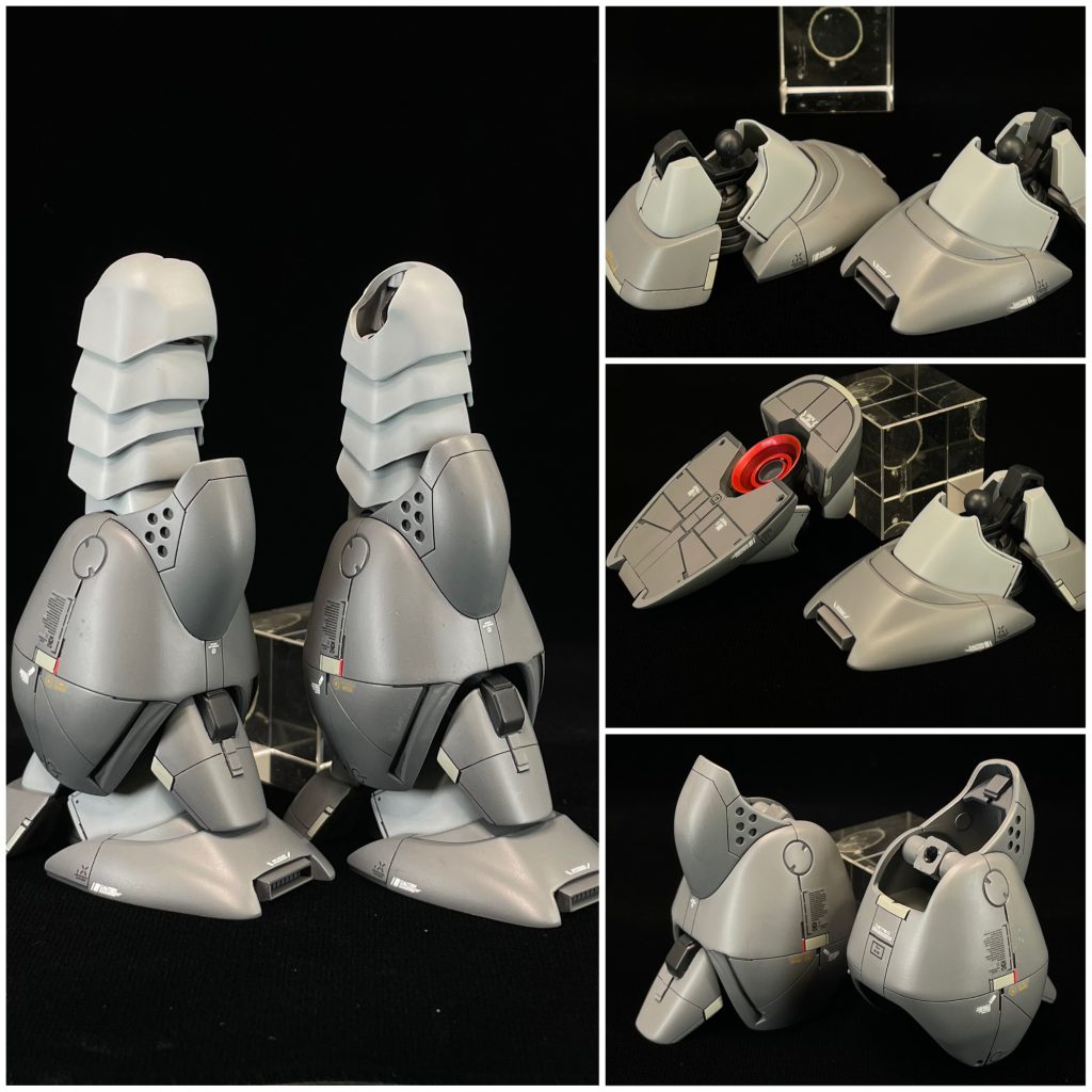 HGUC ズゴックe 制作内容◎頭部・頭が埋まるように、各支柱周りを彫り。・モノアイはネオジム接続に変更し 4箇所に移動できます。→上記に合わせ、モノアイのスペースをつくる為、頭部内部フレームを改修。※クリアランスがギリギリの為、モノアイの位置変更の時は、頭部外装を外してから行ってください。◎胴体・フレームで 延長加工／約3mm→空いた隙間には 新規外装をジャンクパーツから制作・バックパックの排水溝（？）は彫り込んで再現・バックパック バーニア内にスリットディテールを追加◎腰部・股間パーツを、幅増し加工・股間パーツを、前方に迫り出し加工・股間パーツのモールドは作り直し・サイドアーマー前面を垂直にカット・サイドアーマーを中央に移動／0.5mm・サイドアーマー前面を延長工作／2mm・股間下のダクト内部をプラ材で制作・股間下バーニアはシャープに加工・尻尾(?)の先端をシャープに加工◎腕部・肩の合わせ目消し＆後ハメ加工・下腕のダクトの合わせ目消し＆後ハメ加工・肩ダクト内部は金属パーツから。・肩の周りを削り 小型化・腕の外側への展開可動域は 少し犠牲になりますが、素立ちポーズを優先し、肩フレームを短縮し 胴体側へ寄せました。・上腕を延長工作・肘装甲裏にディテール追加→蛇腹パーツを 延長加工／各1mm 計3mm→腕フレームを延長加工／3mm・爪をシャープに加工・手のひら中央にインナーパーツと金属パーツを制作配置◎脚部・脚の付け根を左右に幅増し／2mm・太モモの蛇腹前方を幅増し／約3mm・脚を幅増し加工／1mm・膝外装裏にディテール追加・中央から大幅にズレている足首は、中央に寄せました。▷素立ちがきまるように、0.5mm程度 ずらしてあります。・甲の外装は ポリ接続に変更し 素立ちが決まるように可動域を増やしました。・省略された脚下ダクトは 彫り込んで制作。・旧キットの箱絵を参考に省略された爪先のダクトを制作。・キットの蛇腹足裏モールドは 今時 気持ち悪いので、一旦削り落とし 新規に制作。・足裏バーニアは他キットから流用加工し、大型化＆シャープに整形。