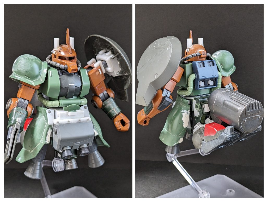 塗装二歩手前。構成は、●既述のGANDザクで余った胴体のほか、●サイクロプス隊ザクI制作時に一部パーツを取られたHGガルマザクの頭部・腕部と余ったHGザクIのショルダーアーマーと片足下肢が基本構造になって、●フロントスカートはデミアックスで使わなかったバックパック、●ジオンディランザで使わなかったシールドとビームトーチが兵装、●背部ユニットはジャンクの山から初期型ガンタンクのリアダクトと量産型ガンキャノンの脚です。