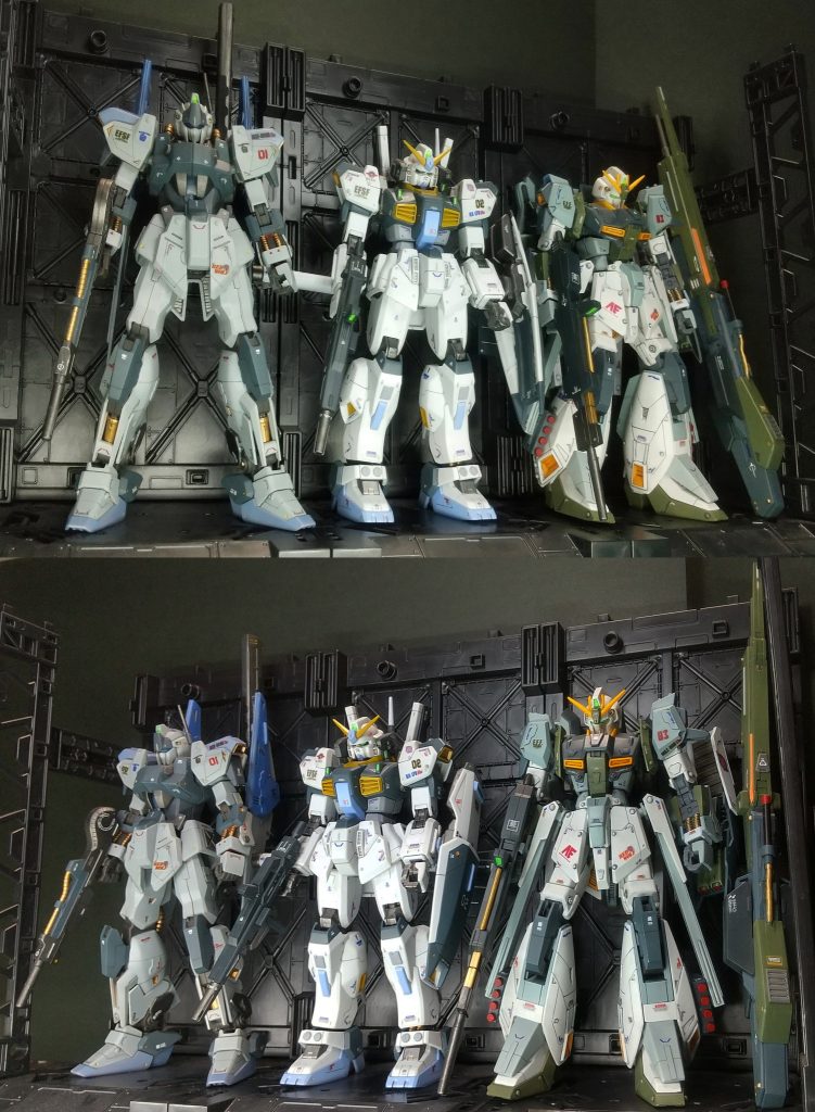 ここは、とある極東のMSデッキ。軍の横流し品や、訳ありMSが流れてくる。たまに掘り出し品があるため、傭兵部隊に重宝されている。この三体、アーガマの主力MSセットとして販売されているが、何か微妙・・・注:ZETAーGUNDAM(ハイフンではありません。ゼータマイナスです)