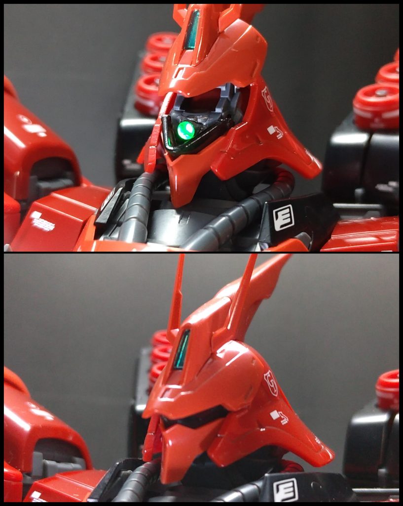 モノアイはキットの物ではなくクリアグリーンのランナーから自作した物を使用しています。キットの物は可動する分レンズの中心部分が四角く発光して見えるので、クリアグリーンのランナーを使用して円柱形のパーツを製作。丸く発光して見えるように側面を黒で塗装して遮光しています。モノアイカバーはスモークで塗装し、消灯時は黒くなるようにしています。