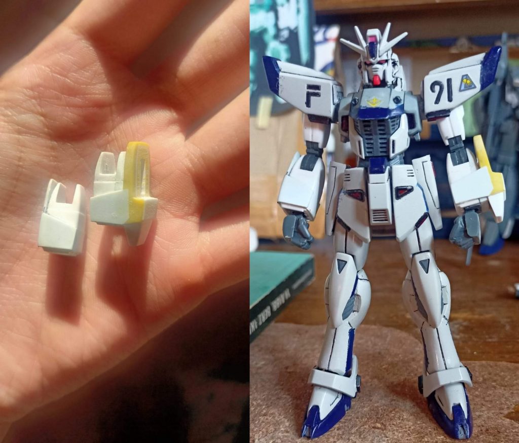 To make the arm guard for MG F91 1.0, I used 1mm plastic plate for the right arm. Next, separate the left beam shield arm, add 2.5mm plastic plate and putty, reinstall the shield, and make it closer to MG1.0ver.