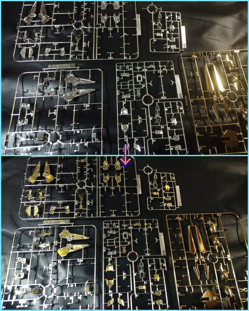 B社のメッキキットって組んだ時裏側向くパーツとか目立たないパーツなんかはカラーコーティングされてない場合も多いですよね自分的には別に見えなくなる部分なんかはどうでもいいんですが覗き込んだら何となく見えちゃう部分なんかは何となくどうにかなってて欲しいタイプのいわゆる「覗き込み系男子」でして…シルバーチラ見えして萎えそうなパーツはとりあえずクリアカラー塗っときました^^;