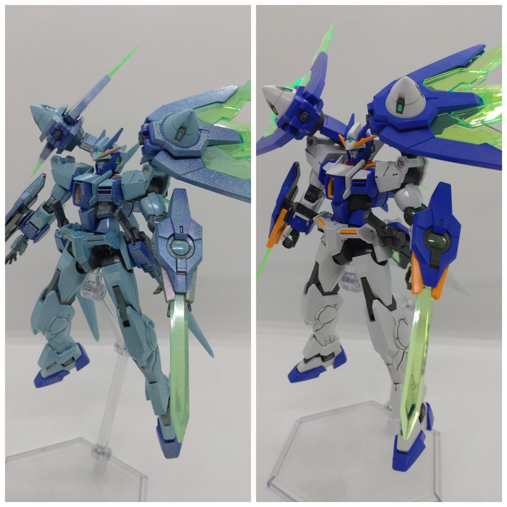 ビームエフェクトはサイコフームホログリーン機体は光の翼ホロブルーで塗装本家トランザムはピンク系ですが、リクのガンプラ練度が向上し、蒼いトランザムに進化しています。嘘です、何度も言いますが、ほんとはこのマーカー使いたかっただけです。でも室内だとあんまりホロ感がないんですよね〜