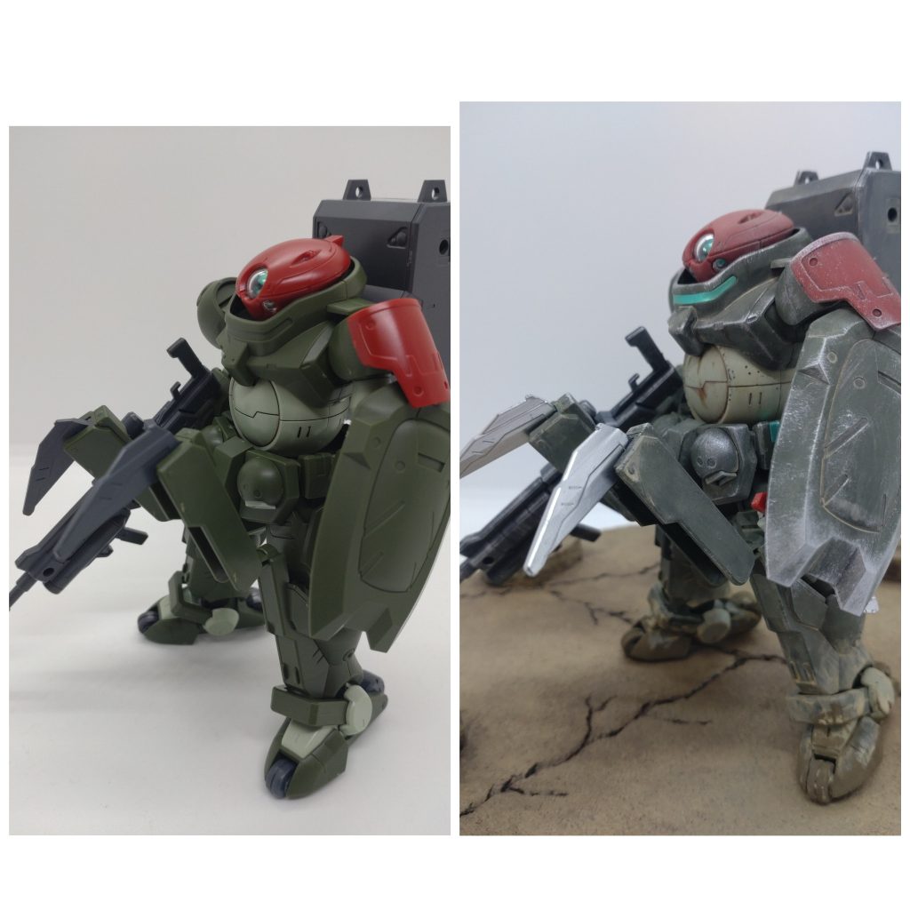 素組みと比較。ナイフとシザークロウのみ部分塗装しています。成形色の簡単仕上げですが、これだけでもおもちゃ感が無くなり、重厚感が増したと思います。ミニモアとのクオリティの違いは突っ込んではいけません。