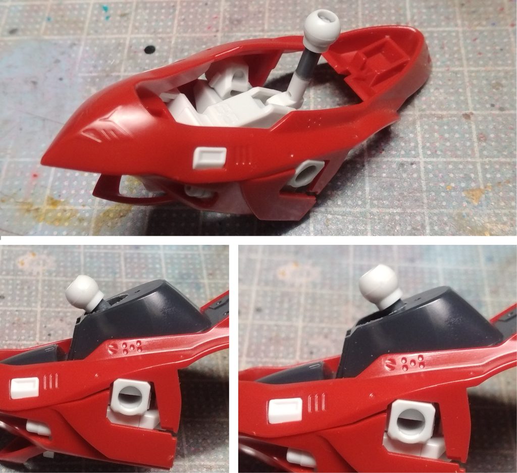 首の接続はキットのままだとあまり動かない構造だったので、フレームの軸を延長して前後のスイング機構を追加。