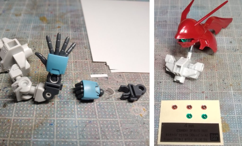 手首は0.2㎜のプラ板を挟んでHG規格の物をそのまま使用可能に。モノアイは3Dレンズシールの4㎜がピッタリでした😊
