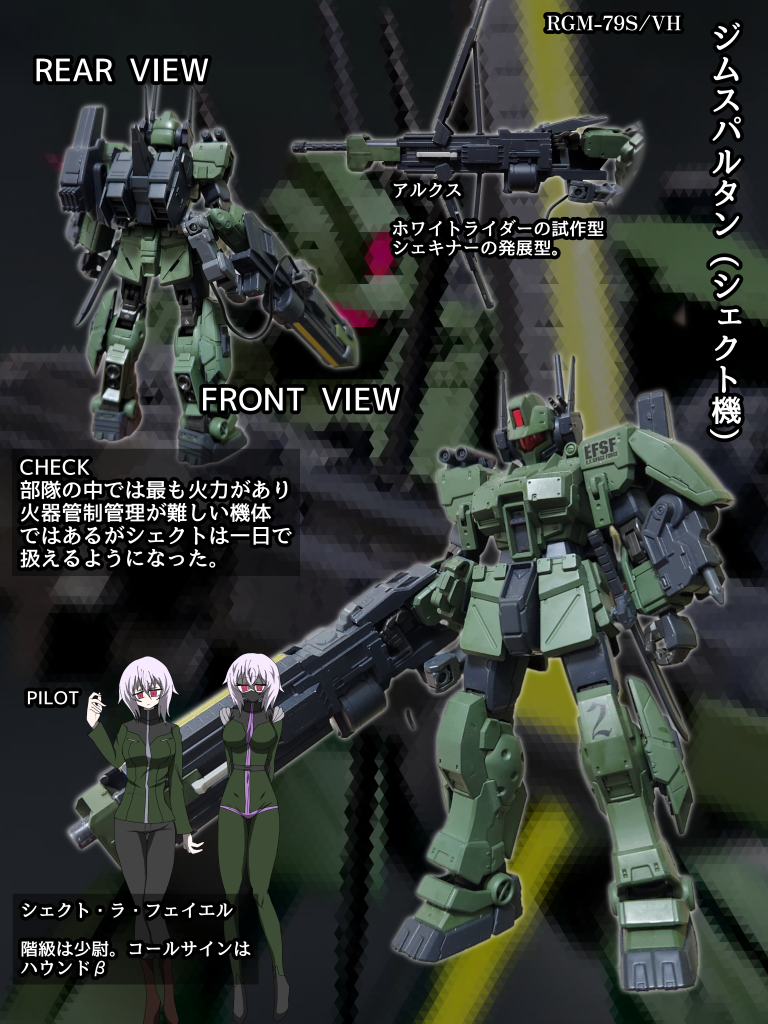 ビリジアンハウンド隊に配備されたジムスパルタンの内の一機。頭部の左右に新たにアンテナを追加している。武装は複合武装システム「アルクス」、有線式対MSミサイル(WAMM)、格闘用にヒートダガー。複合武装システム「アルクス」はレギオスが極秘で「ホワイトライダー」の戦闘データを裏で入手し傘下の人間に新たに製造させ「ハウンドρ」のプログラムにより完成した専用兵器。複合武装システム「シェキナー」運用試験の形をそのままにして大出力ビーム砲を調整し三回ではあるが撃てる様になっている。弓のような形状はレギオスが気に入ってしまいそのままになっている、機体背部に直接ジェネレーターを冷却できる大型の排熱装置が増設されている。しかしビーム兵器の弊害になるので他のビーム兵器は持つことができない。搭乗者は無口無表情で感情が読めない「ハウンドβ」のコールサインを持つシェクト少尉。