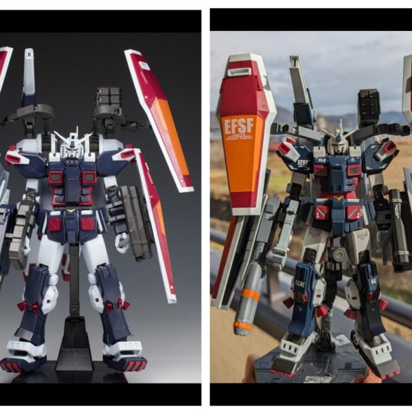 HGUC FAガンダム(TB) 進捗全体につや消しトップコートを吹いて乾燥中です！左はMG版ですが、MGを意識したスタイルを目指しました！俯瞰して全体を確認し問題なければいよいよ汚しを加えてラストスパートに突入します´Д`)ﾔｯﾄ‥（2枚目）