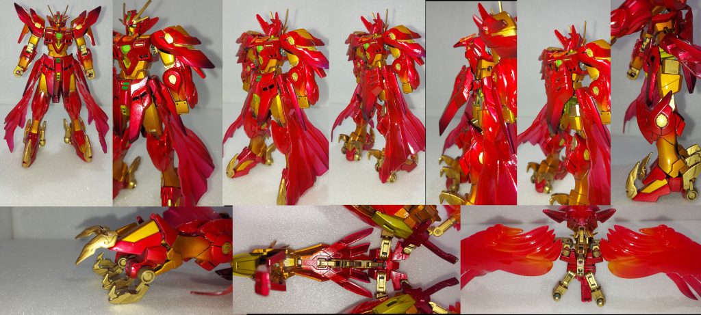 今回のこだわり変形機構：BPを外さ無くても出来るのですが塗装剥げが怖いのと各部の変形が判り安い様に外して撮影してます1:腕と肩を所定の位置に2:頭と腰を180度回転3:Rスカートを引き上げ4:膝とつま先を所定の位置に5:爪を回転6:BPの鳥頭部首カバーを開いて上方に展開