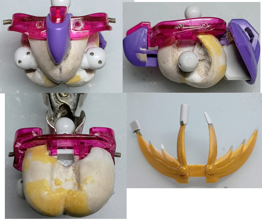 下半身はエポパテを使用してボリュームアップ!可動範囲は死にました・・・角はランナーを接着してからシャープ化しました、取れたら最背接着を繰り返してます