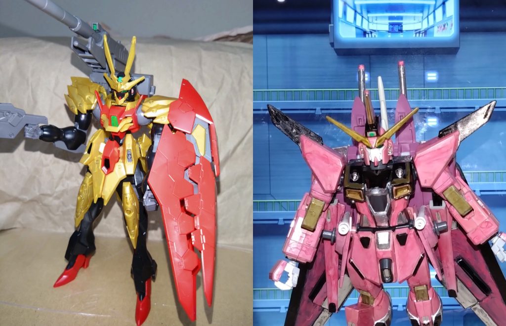 さて、スペランツァジャスティスの紹介はここまで……と言いたいところですが、この機体はアース・ザランの搭乗機として制作したと言っても過言ではありません。ここで少しストーリーを加え、どうやってこの機体を手に入れたのかについて語ろうかと思います。アース・ザラン、自称『アスラン・ザラの再来』や『赤き騎士(ナイト)の再来』と名乗るグラサン男。アスランを勝手にライバル視しており、勝手に宿命のライバルだと語っているキャラ。初めて聞く名前…と思った方は一番最初に投稿した『IIセイバー』を見てください。  〜ここからストーリーに入ります〜 宇宙世紀0224年での戦闘から2日経ったある戦闘にて、アースが操縦するIIセイバーが大破されてしまった。相手は前回登場した謎のガンダム・ティフォエウスだった。 「コーディネーターはその程度かしら?」 パイロットのリン・オオハナはアースをバカにし、その場から撤退する。その後、トラベラーズに帰還したアースは落ち込む。 「アスラン以外のヤツに負けたのか?俺が?」「以外も何も、アスラン・ザラと戦ったことないだろ?」 同期のメモリーに言われるアース。そんな彼の隣で、メモリーは格納庫のとある扉を開く。出てきたのは、ある一機のMSだった。 「ジャスティス?」「『スペランツァジャスティス』、本来のジャスティスの後継機だ。お前がトラベラーズに入った後に設計データを手に入れて、今日まで少しずつ開発を進めてた機体だ」 そう説明するメモリーに、アースはそのMSを改めて眺める。