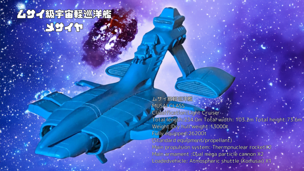 一年戦争後にザクやジム・コマンドと同様に民間へ払い下げられた兵器のうちの一つ。主な特徴として、ア・バオア・クーの決戦で名に合わなかった簡易生産型のムサイから戦闘で使うブリッジをオミットしているため戦闘力は低い。最初は戦闘に巻き込まれた民間の宇宙船の代わりとしてジオン共和国が賠償金代わりに各コロニーへ供与されたものだが、後に単なる民間の宇宙船としての運用から自衛目的の巡洋艦として運用される。主な要因として、ティターンズの台頭によりジオン残党勢力やティターンズへの危機感から需要が生まれたことで民間MSの中古市場で安定した市場を確保しているからである。ムサイ級メサイヤはそのうちのひとつで、主にコロニーの防衛部隊として現地改修されたザクと共に運用。