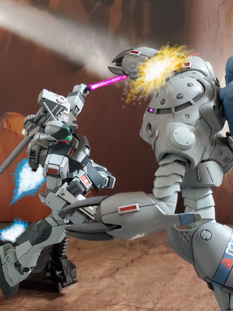 ジム・スナイパーIIの機動性を活かしズゴックタイプを翻弄👍✨ズゴックタイプの右腕を切り落とす～⚔️残存したジオン部隊は撤退✨ジャブロー防衛部隊は撃退に成功したのであった…😌🎶