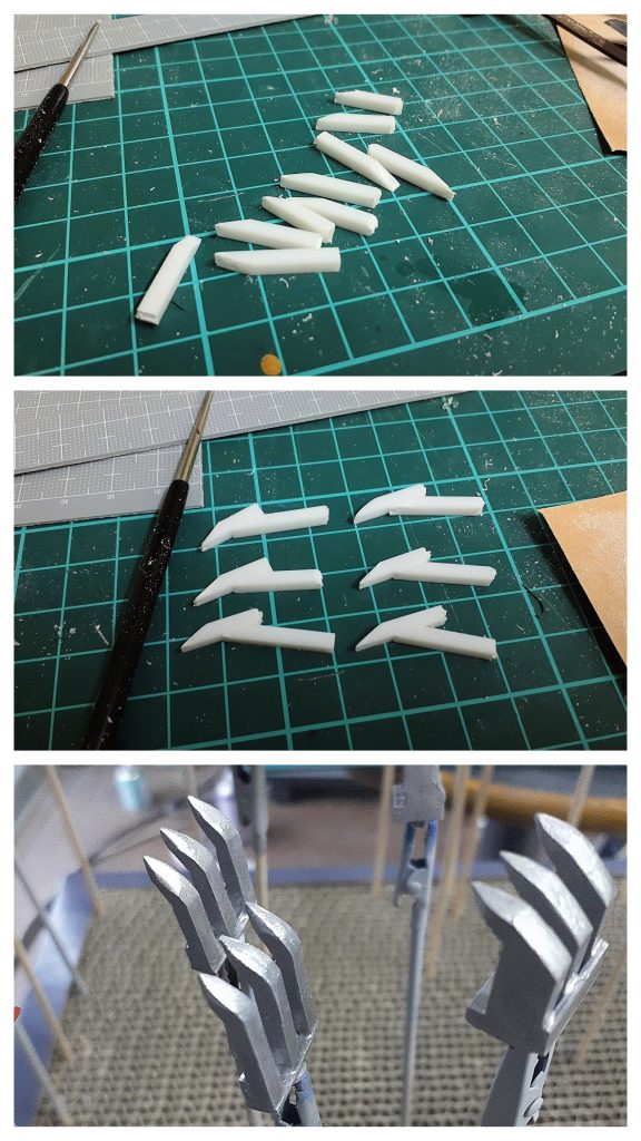 爪は3ミリのプラ角材で作りました。同じくらいの角度に切り揃えた2本の角材を張り付け、いらない部分と先端を削っただけの大雑把なものです。肩の爪は角材をもう1本追加して厚みを増しています。