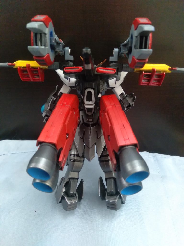 Back view I used the perfect strike freedom backpack as the core and then glued on some battle arms connectors. From there I modified the lower boosters to some from 30mm. The wings are also battle arms. The cannons are from the age2 Artemis