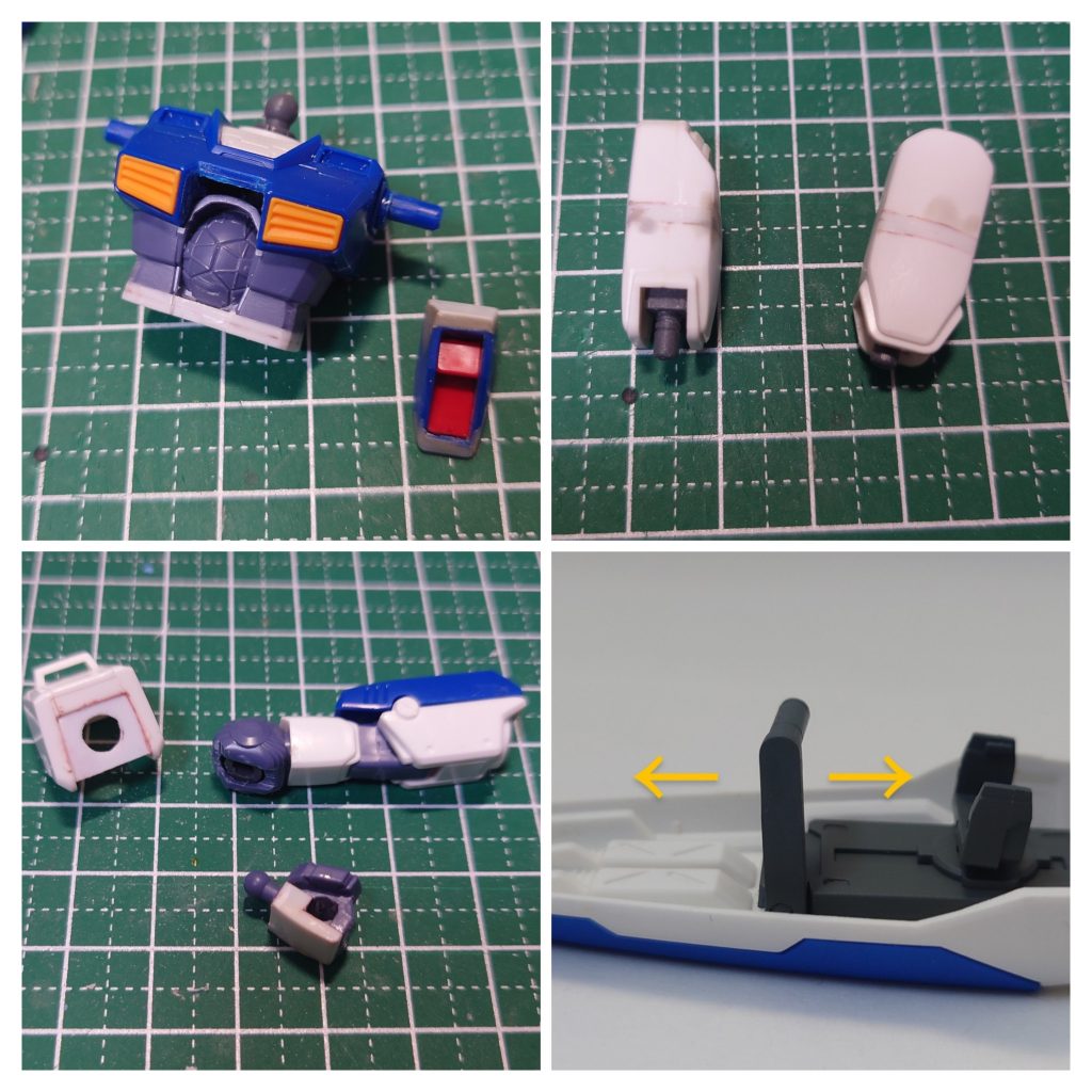 ・胴2mm延長、コクピットハッチもこれに合わせて 上下に延長します。・モモ2mm延長。・腕は肩の接続位置を1mmほど上に調整、手首を薄 くします。・シールドのグリップが動かないので可動にしてい ます。