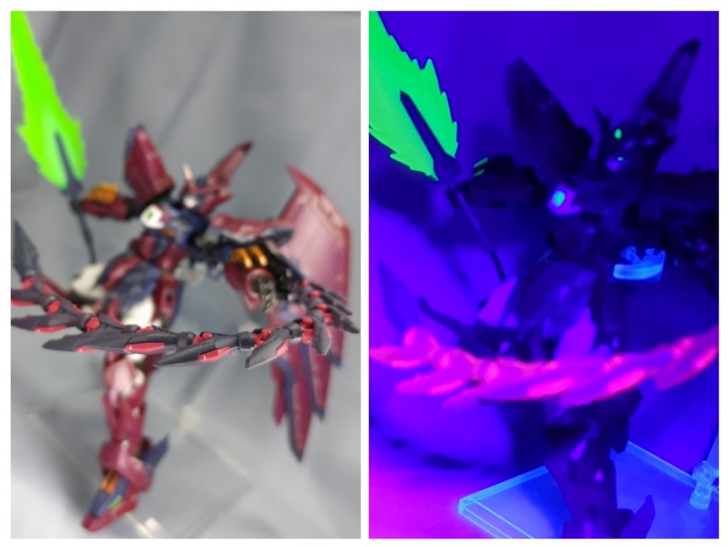 ヒートロッド展開。 ヒートロッドはABS素材のためガイアマルチプライマーを砂吹きした後、蛍光レッドを薄く塗装しました。なので、通常見る分には本体より少しくすんだ感じにはなりますが、ブラックライトで照らせば発熱状態を表現しています、※所持しているブラックライトが安物のため、これが比較的マトモに撮れた画像です。