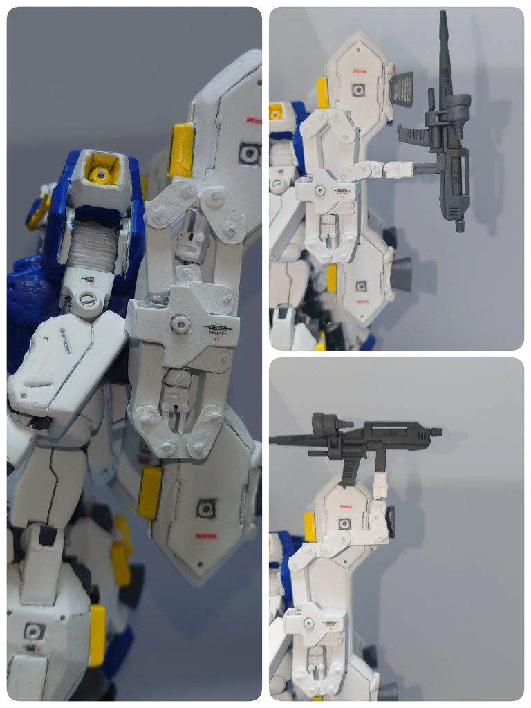 サブアームはなんとか可動出来ないかと悩み、プラ棒を使い不格好ながら関節を作り、可動できるようにしてみました。アームカバーを着けたかったのですが、つけると可動範囲が狭まくなり、動かす意味がなくなってしまうのでそのままとしました。(アーム伸縮は諦めました）持ち手部はコトブキヤのアームパーツを使用しております。持ち手とアームの軸にはボールジョイントを仕込んで動かせるようにしてます。(初めて関節を作ったのでとても難しかったです)