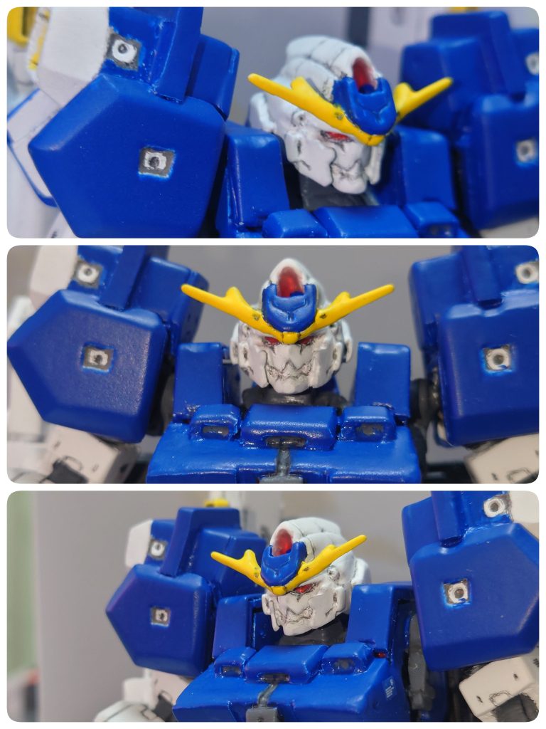 一番悩んだ顔部は何回かフルスクラッチを試してみましたが、結局出来ずに断念しました。最終的に頭部はＧＰ01フルバーニアンをプラ板貼り付けなどの加工して使用。顔はＧＰ02サイサリスの顔の鼻？部を削って、他のガンダム機体の顔の顎から上を削って貼り付け加工をし、顎などの調整をして完成させました。　