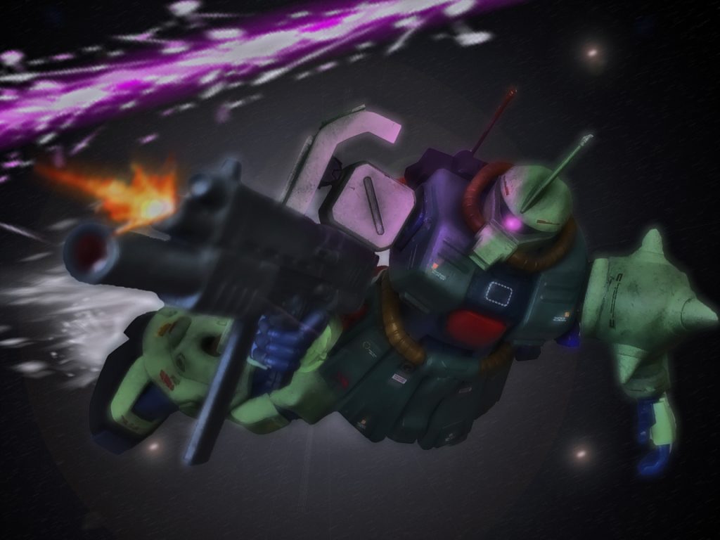 「脅しかっ⁉」キリュウはメガ粒子砲を避けるが狙いの甘さを感じた。本気で狙ったのではなく威嚇射撃のつもりだろう。初弾を避けその間に接近すると直ぐ様2発目が来る。今度は初弾よりも正確で明らかにこちらを撃墜しようとしている。「こちらも試させてもらう！」靭やかな回避で避けるとキリュウはMMP−80 90mmマシンガンを片手で構え射撃を開始する。このMMP−80は以前の120mmザクマシンガンよりも弾は小型だが初速や命中精度の向上が図られた新型携行火器である。統合整備計画により規格が見直されたのはMSだけでなく、それに付随される火器類も合わせて造られていた。