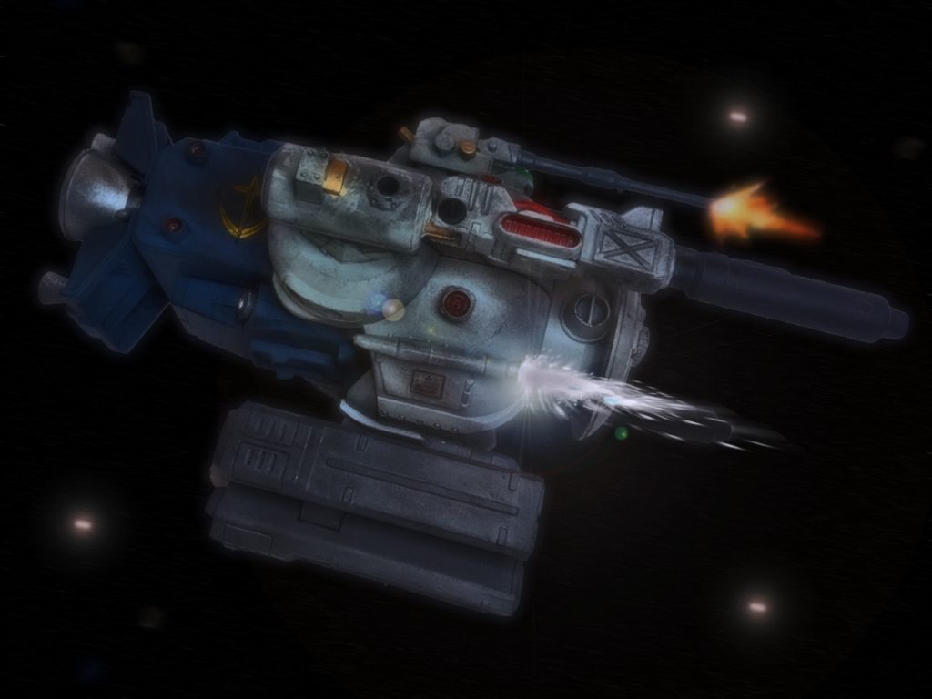 するとD−SIは正面にザクFZを捉えつつ逆噴射で後退した。「所詮は只の砲台。格闘装備はないようだな」キリュウはそう確信すると左腰に帯刀したヒートサーベルを抜いた。一定の距離を保ちつつD−SIは近接用バルカン砲でザクを近づけないよう連射する。