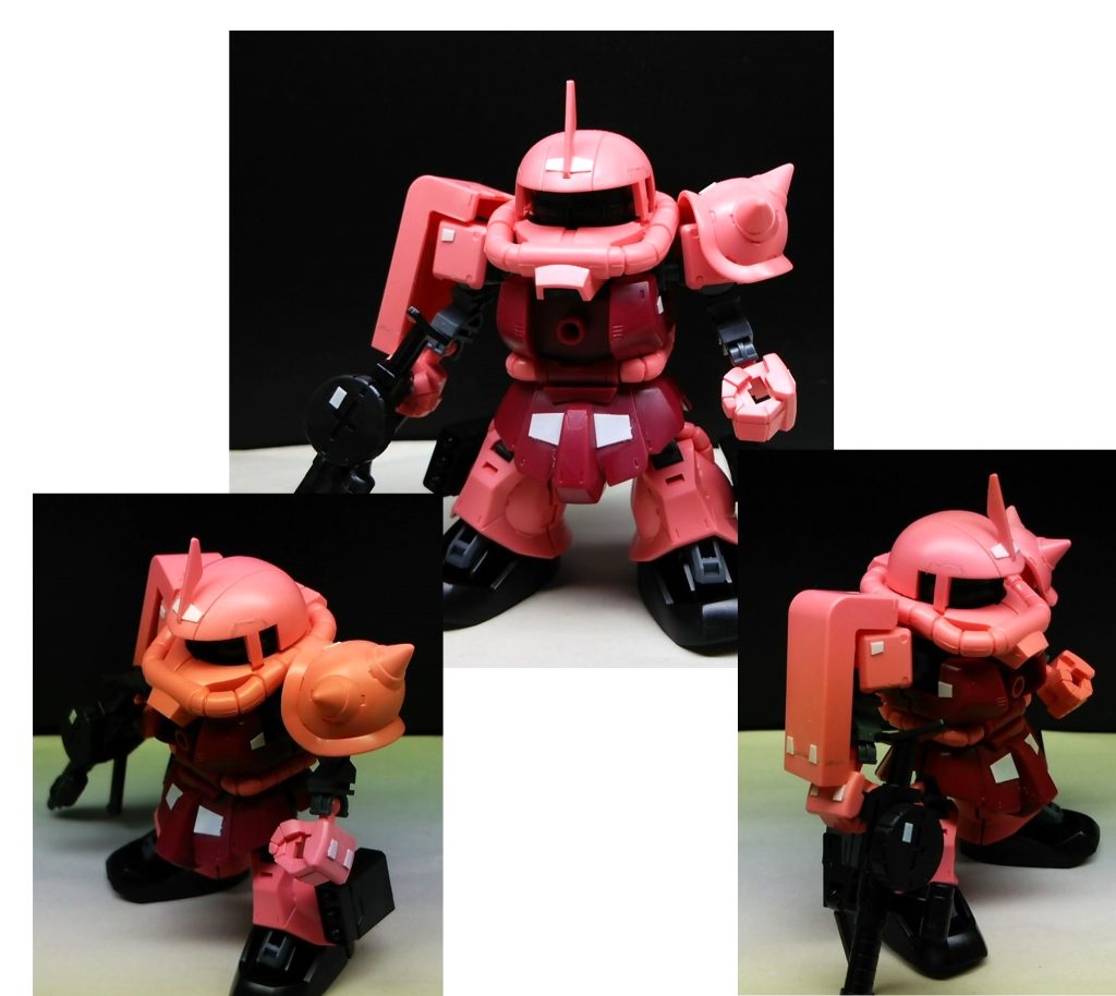 おっと、ガンプラの説明もしないとね！「ソロモンよ！私は帰ってきた！」でお馴染みのガトー機カラーにしております。武器もテンコ盛りです。SDシャアザクベースでプラ板貼り付け加工、スジ彫り。エアブラシ全塗装で仕上げに艶消しコートしています。デカールはシールドのみです。このSDは顔がいいですね。バズーカとガトリング砲が差し替え可能です。