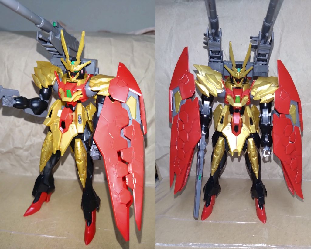 ティフォエウスの通常装備、そして誰もがしそうなフル装備の姿をそれぞれやってみました。思わずやってみたフル装備ですと機動力は劣るモノの、滑腔砲による大火力に加え、ドラゴンヘッドによる防御力、そしてシールド裏から射出するリフレクタービット改によるオールレンジ攻撃…と、『キメラ』程ではありませんが最強に近い形態かと自分は思います。正直、真の姿でなくてもこの姿で十分だと思う自分がいます…。 ティフォエウスを製作してみて一つ気づいたことがあります。ビームサーベルやソードといった近接戦闘用の武器が見当たらないということです。アニメでもパンチしかしていませんでしたが、ビームソードぐらいは装備して欲しかったです。特に大型のを。