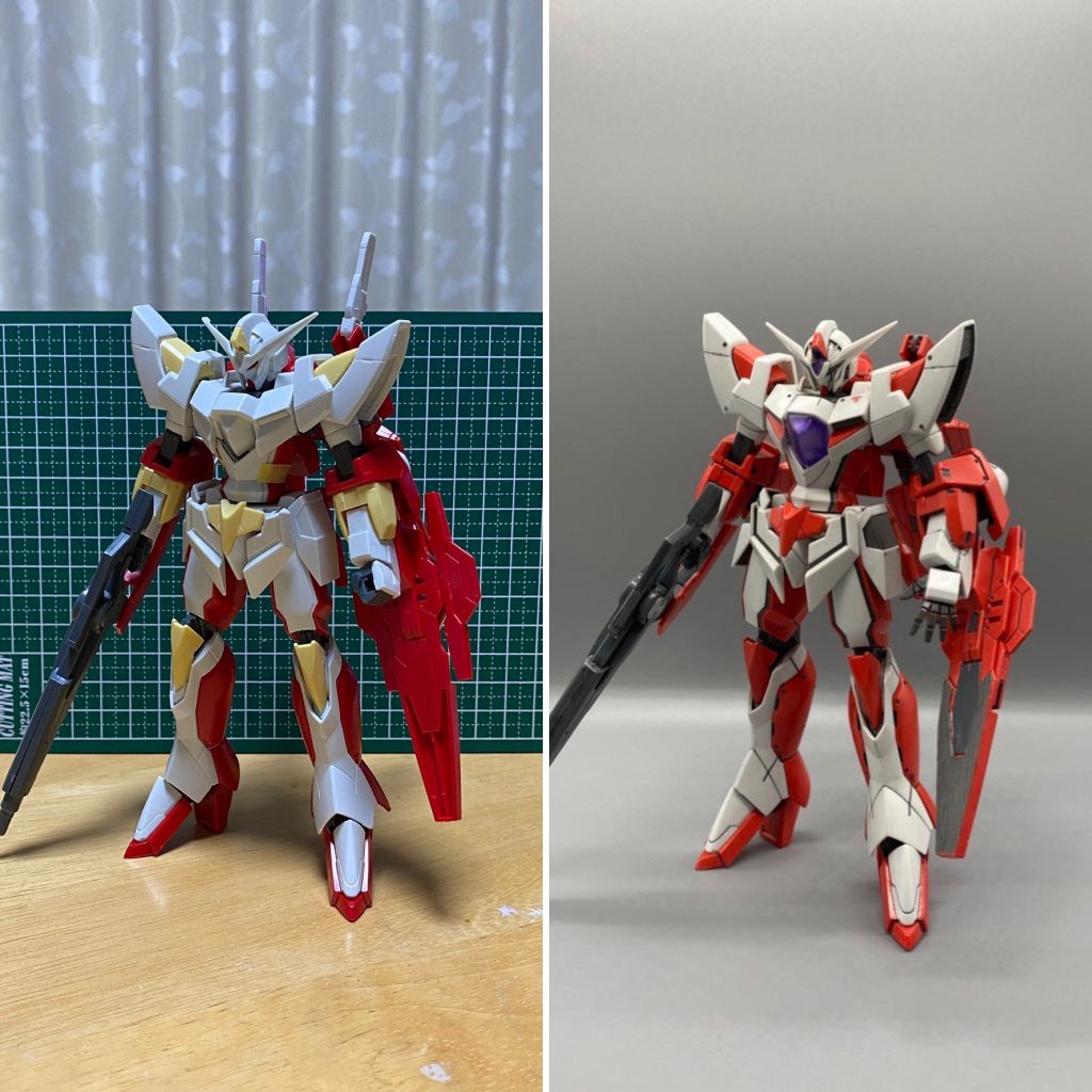外観ビフォーアフター。元が黄赤部分はガイアのミディアムレッドを塗りました。グレーちょい足し。スピンモールドやタガネでモールド追加しました。