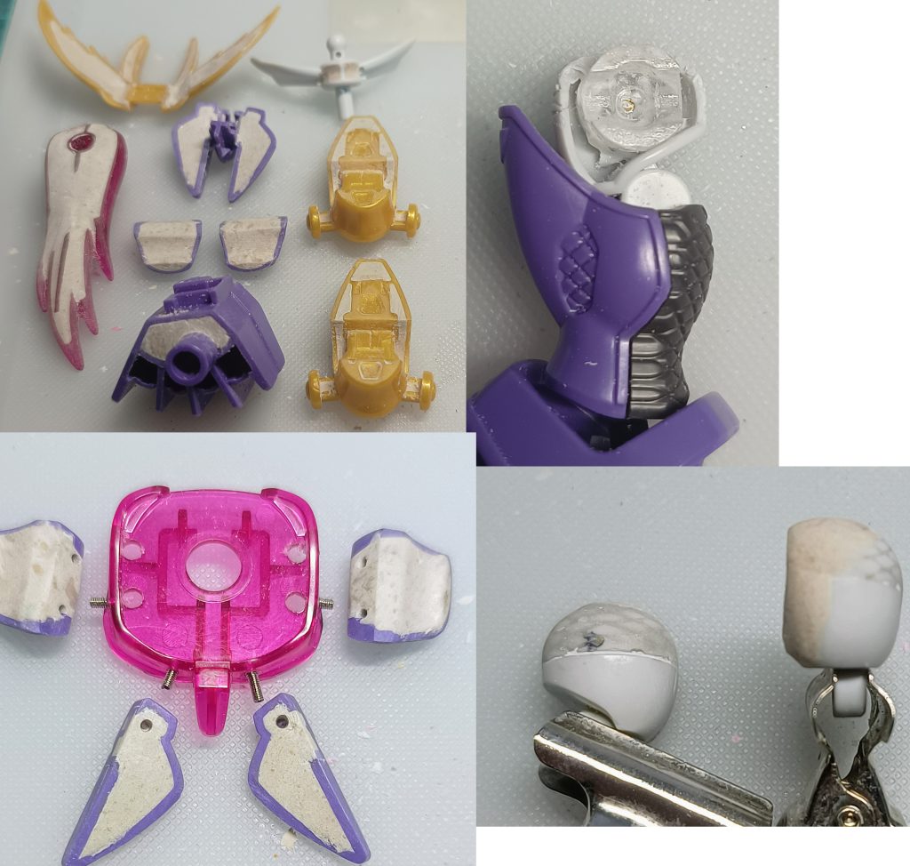 肉抜き穴埋めはセメダインエポキシパテ木部用を使用しましたが、動かす部位は他のパテを使った方がいいかもですね太ももボールジョイント受けを関節技ダブルボールジョイントに変更サイド、フロントアーマーの接続は1mmスプリングによる接続に変更