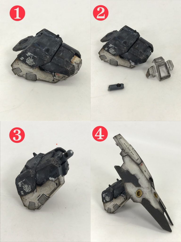 ① まず肩アーマー先端の白いパーツを外します② 指で適当にちぎった3mmの太さのランナー切れ端を用意③ そのちぎったランナーを外したパーツ部分にぶっ刺し④ あとはお好きな3mm穴の空いたパーツを取り付けるだけ