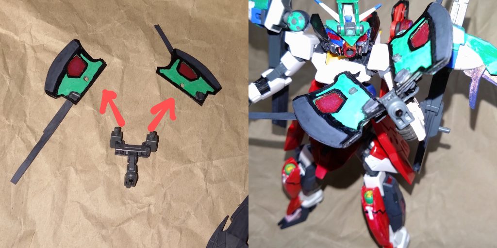 主な武器、特にこの形態で最大の特徴とも言えるのはオリジナルの弓武装『ロビンスアロー』である。分離すると、今までの紹介にもたびたび出た斧『ロビンホーク』として使えます。 この弓は遠距離にいる敵を高い命中率で狙撃でき、更に3つのモードチェンジがある。一つは低エネルギーによる連射モード『ショットシューティング』。これは中距離向けの連射モードです。弓というよりボーガンっぽい使い方をします。