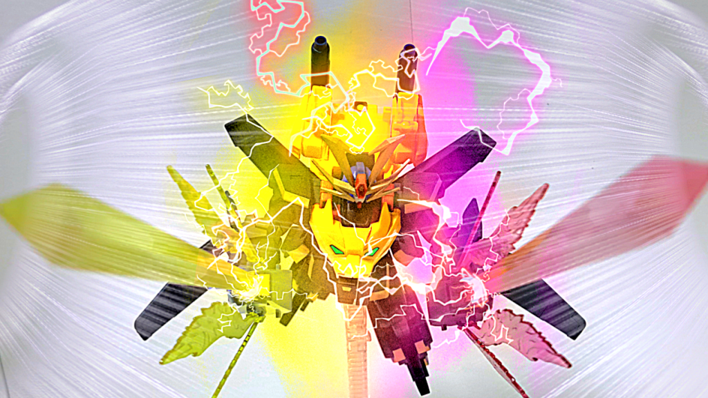 必殺技最煌超咆剣 ・ハイパーミノフスキー・トラドライザントライマシンとドライマシンの粒子をオーラの様に纏い、縦横無尽に駆けながら斬撃を繰り出し最後は超咆剣を前方に構え突撃する必殺技。