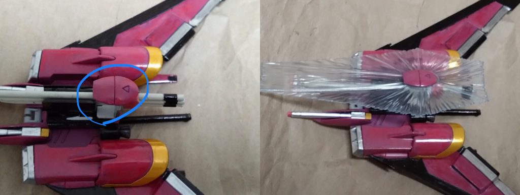 ビームシールド発生装置このジャスティス、盾無いの?と思われた方へ。あります、シールド。実はこのリフター自体が盾なのです。上の方にビームシールド発生装置を搭載しました。遠隔操作で盾としてリフターを使ったり、手に持った時に使ったりします。 手に持つ?どういうこと?と思われたかとは思いますが、いよいよこのリフターの隠されたギミックを説明します。