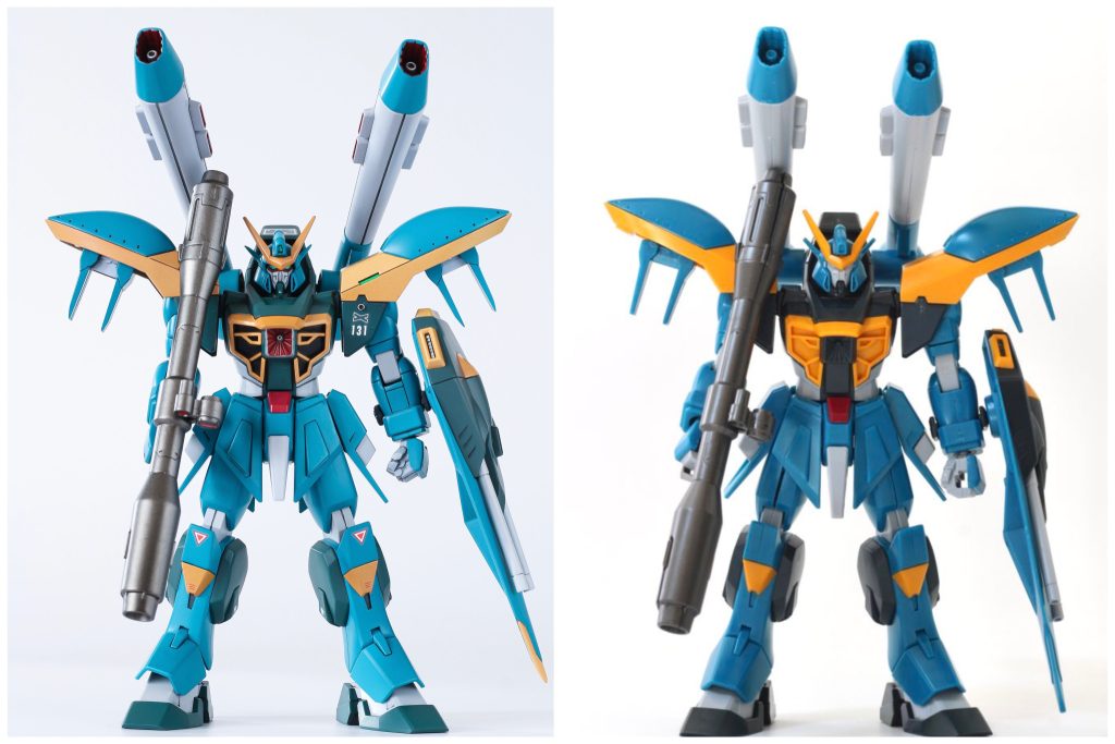 体型変更・腕の各パーツを加工して全体を短縮・首の付け位置を奥へ変更・腰を少し前傾に・背部キャノンの軸をボールジョイント化