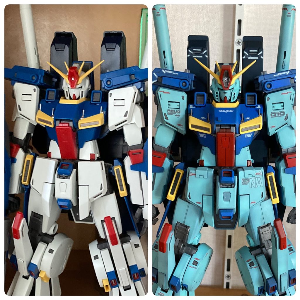 素組と、比べて大分青いですが当時小学生の私の脳内にはこう映ってました。次はもっとディテール増しましのバージョンも作ってみたいですね、あとフルアーマもFAZZの再販求むです。