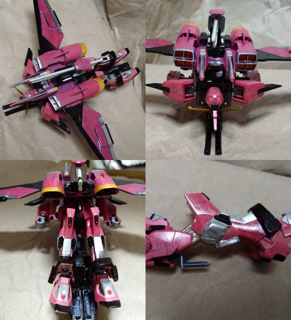 そんなスペランツァジャスティスですが、上の方の説明でもしましたが劇場版のジャスティスと同じくMA形態に可変します。この形態時での使用武器はツインバスター狙撃ライフルはもちろん、ファトゥムの武装がほぼ使えます。 制作時、膝上を削りました。その為、脚を曲げての変形ができました。