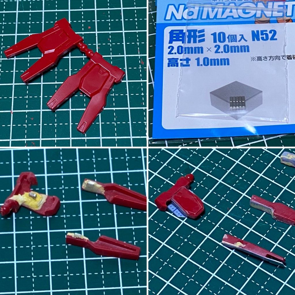腰ファングの独立化。ファング部分を分割し、ネオジム磁石をパテと接着剤で固定。その後、ヤスリと0.3mmプラ板とパテで形状出しました。